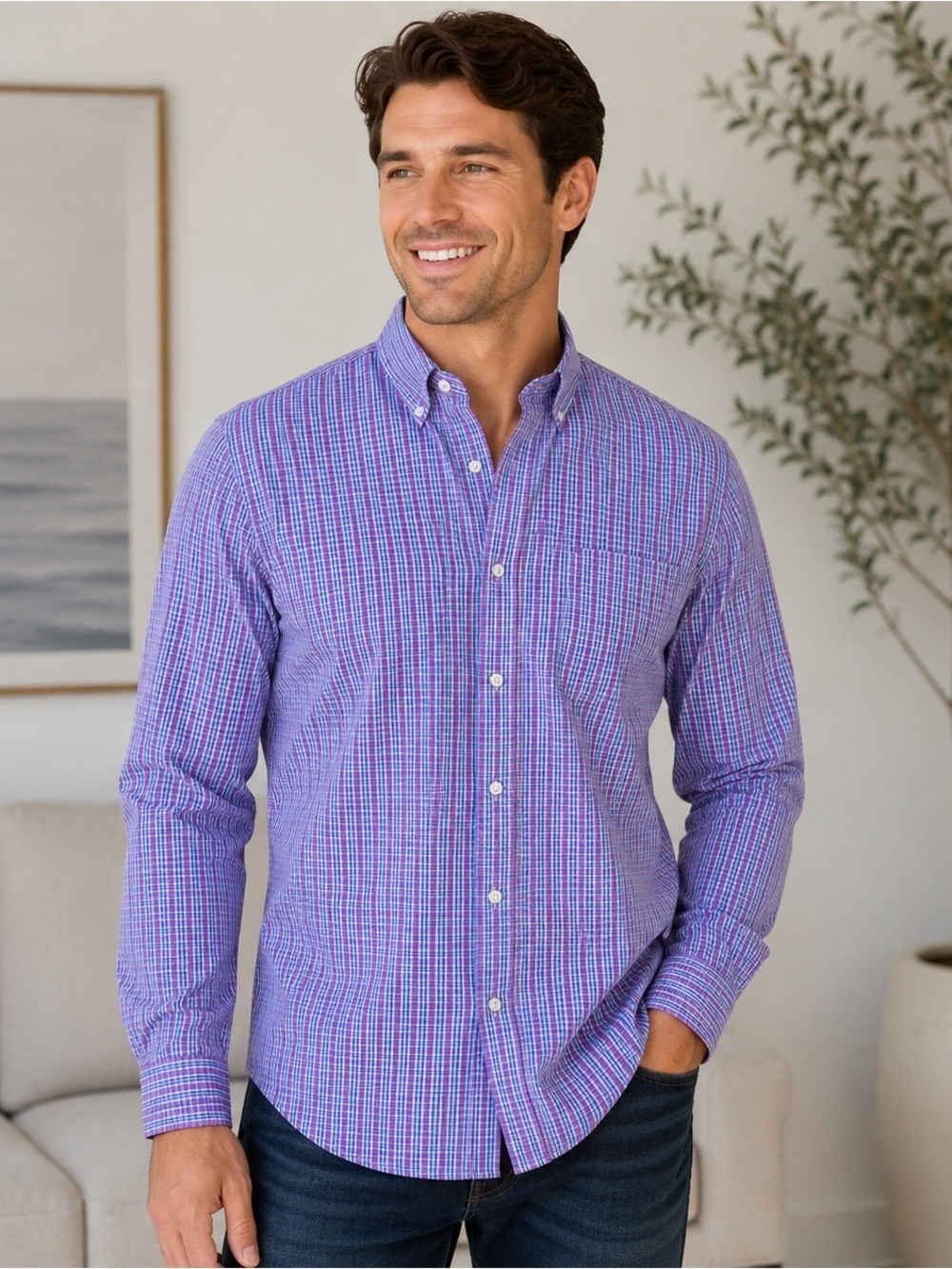 Tommy Hilfiger Slim Fit Purple Blue Plaid Button Down Shirt Mens 16.5 34/35